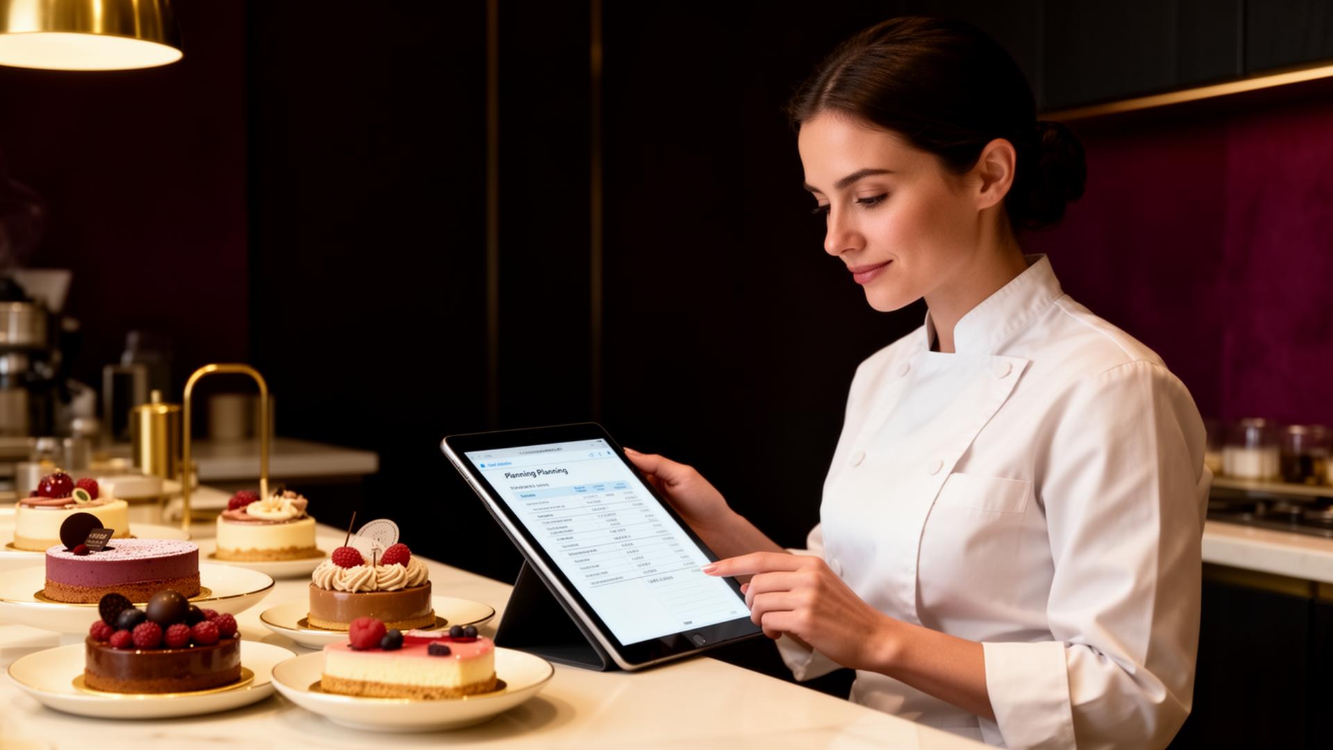 Confeiteira empresária analisando dados estratégicos